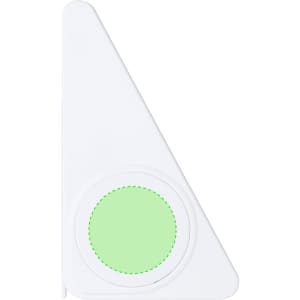 A white tape measure with a circular green section, featuring an embedded logo.