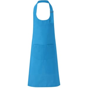 A bright blue apron featuring a neck loop and a front pocket, with a simple design and no visible branding.