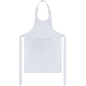 A white apron featuring a front pocket and adjustable straps, designed for workwear purposes.