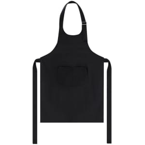 A black apron featuring a front pocket and adjustable neck straps, designed for workwear use.