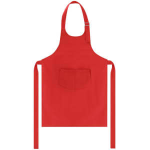 A red apron featuring a front pocket and adjustable straps, designed for workwear use.