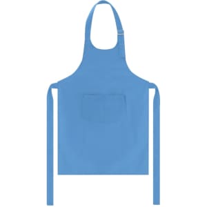 A turquoise apron featuring a front pocket and long ties, designed for workwear use. It has a simple logo.
