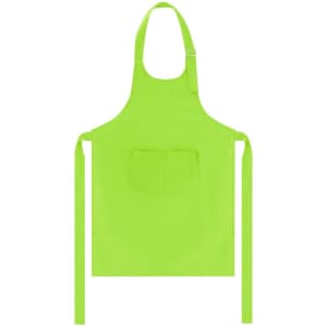 A bright green apron with a pocket and adjustable neck strap, featuring ties on both sides.