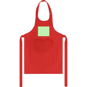 A red apron with a pocket and adjustable straps, featuring a blank area suitable for adding a logo or design.