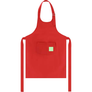 A red apron with a pocket and ties at the waist, featuring a small logo.