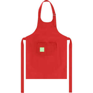 A red apron with a front pocket and adjustable straps, featuring a logo on the pocket area.
