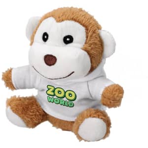 A plush teddy monkey with brown and white fur, wearing a white hoodie featuring a logo.