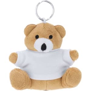 A plush teddy bear keyring in light brown and white, featuring a small white shirt and a metal keyring attachment.