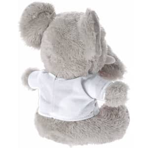 A plush teddy bear in grey with soft fur and a white shirt, featuring an attached logo.