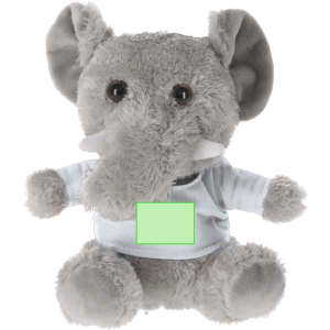 A grey plush elephant toy wearing a light blue shirt, featuring large ears and a friendly expression. It has a logo.