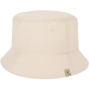 A cream bucket hat with a wide brim and a small logo on the side. Suitable for various outdoor activities.