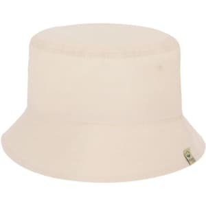 A cream bucket hat with a wide brim and a branding tag on the side.