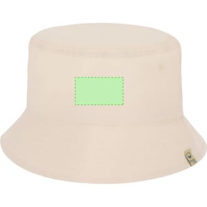 A beige bucket hat with a wide brim and a logo on the side. Features a blank area for customisation.