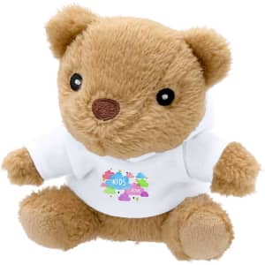 A plush teddy bear in brown, wearing a white hoodie with branding, featuring round eyes and a cute nose.