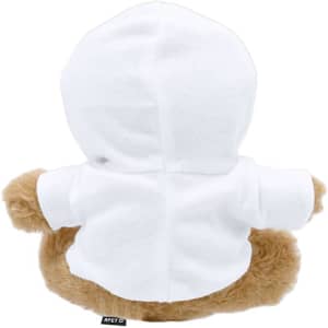 A plush teddy bear in brown with a white hoodie, featuring a small logo on the bottom.