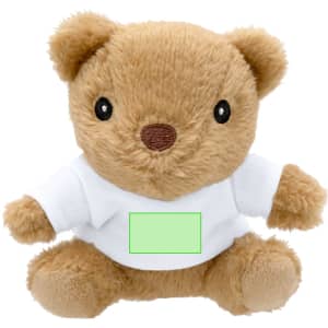A soft, brown plush teddy bear wearing a white T-shirt with a blank area for customisation. Features round black eyes.