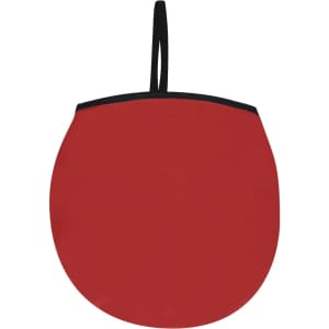 A round red sunshade with a black trim and a convenient hanging strap.