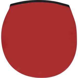 A round red sunshade with a black trim, featuring a logo. Ideal for outdoor leisure use.