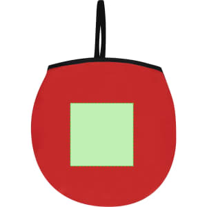 A round red sunshade featuring a green square centre and a black trim, with a hanging strap.