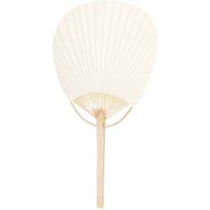 A fan with a cream-coloured fabric and a bamboo handle, featuring a pleated design.