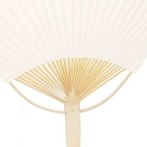 A decorative fan featuring a cream-coloured fabric and a bamboo structure, showcasing a pleated design.