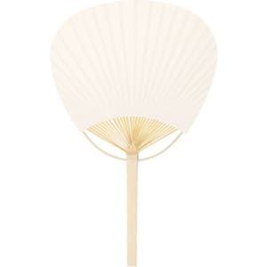 A hand-held fan with a light cream fabric surface and a wooden handle. It has a pleated design and a minimalist look.