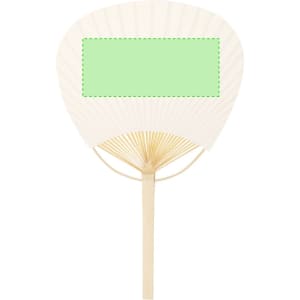 A decorative handheld fan with a white fabric top and a light wooden handle. It features a blank green section.