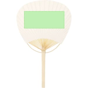 A hand fan with a white pleated surface and a wooden handle, featuring a green rectangular area.