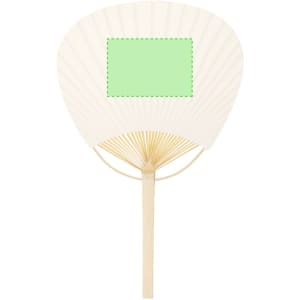 A fan with a white pleated design and a wooden handle, featuring a blank green section for customisation.