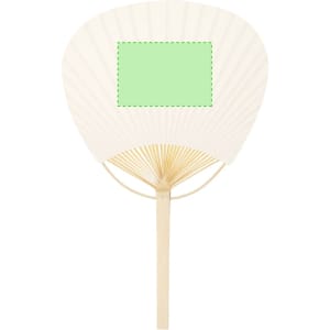 A fan with a pleated design in cream colour, featuring a green rectangular area in the centre and a wooden handle.