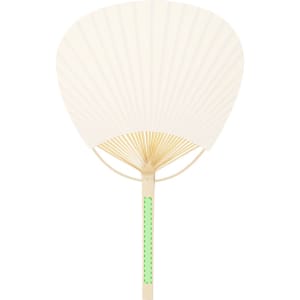 A hand fan with a cream pleated design and a green handle, featuring a simple and elegant appearance.