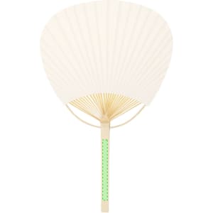 A decorative hand fan featuring a white pleated fabric design and a light green handle. It includes a branding logo.