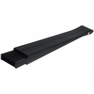 A sleek black hand fan with a textured surface and a tapered design, featuring a small circular detail.