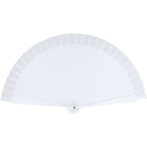 A white hand fan with evenly spaced ribs and a round pivot, featuring a logo.