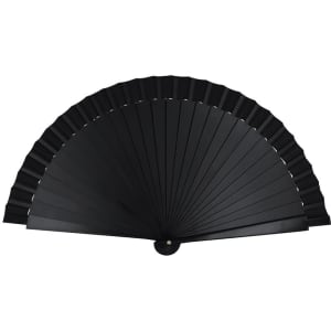 A black hand fan with a curved shape and multiple pleated sections, featuring a central fastening.