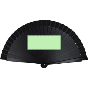 A black hand fan with a green section in the centre, featuring pleated design and a circular handle.
