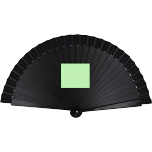 A black hand fan with a centre square section in light green, featuring a branded logo.