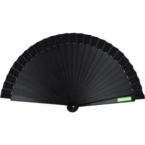A black hand fan with pleated design and a circular handle, featuring a branding logo.