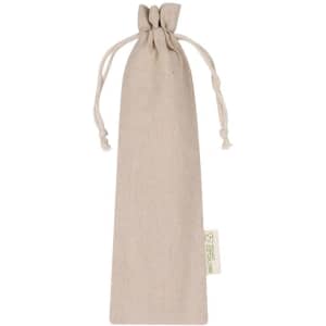A beige drawstring pouch made of fabric, featuring a logo and tied with a cord at the top.