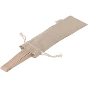A tan drawstring pouch containing a hand fan, with a logo printed on the pouch.