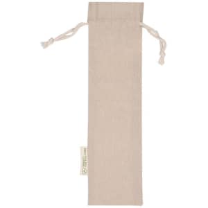 A beige drawstring pouch with tied closures, featuring a logo on the side.