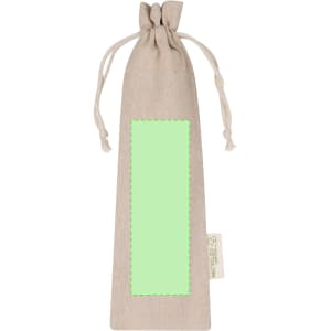 A beige drawstring pouch with a green decorative panel and a logo tag at the bottom.