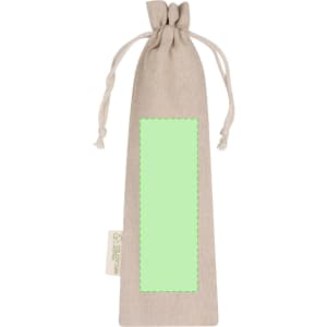 A beige drawstring pouch with a solid green panel and a logo tag at the bottom.