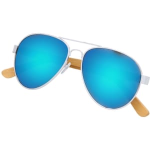A pair of aviator sunglasses with a silver frame and reflective blue lenses, featuring wooden temple arms.