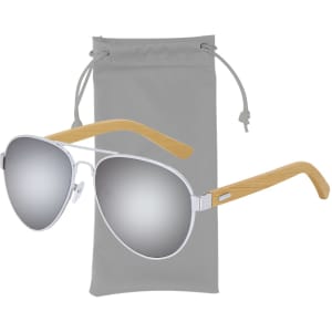 Sunglasses with silver lenses and wooden arms, accompanied by a light grey drawstring pouch.