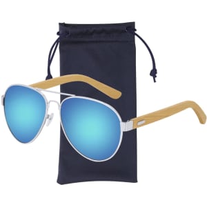 Gunok Sunglasses with silver frames and blue reflective lenses, accompanied by a dark blue pouch.