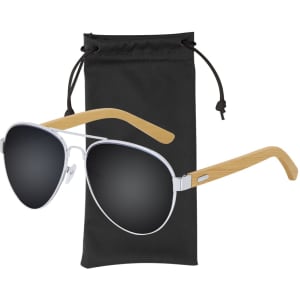 A pair of Gunok sunglasses with dark lenses and bamboo-style arms, accompanied by a black pouch.