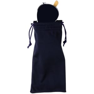A navy drawstring pouch containing a pair of sunglasses with a dark lens and a wooden detail.