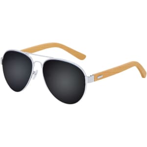 A pair of aviator sunglasses featuring a silver frame and wooden-style arms with dark lenses. Includes a logo on the side.