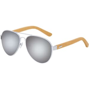 A pair of silver aviator sunglasses with wooden arms and mirrored lenses, featuring a logo on the side.